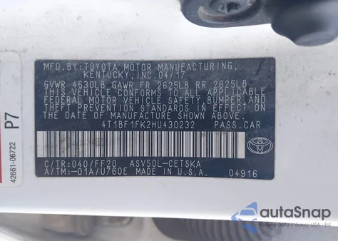 2017 Toyota Camry Se z USA, uszkodzony, nr VIN 4T1BF1FK2HU430232